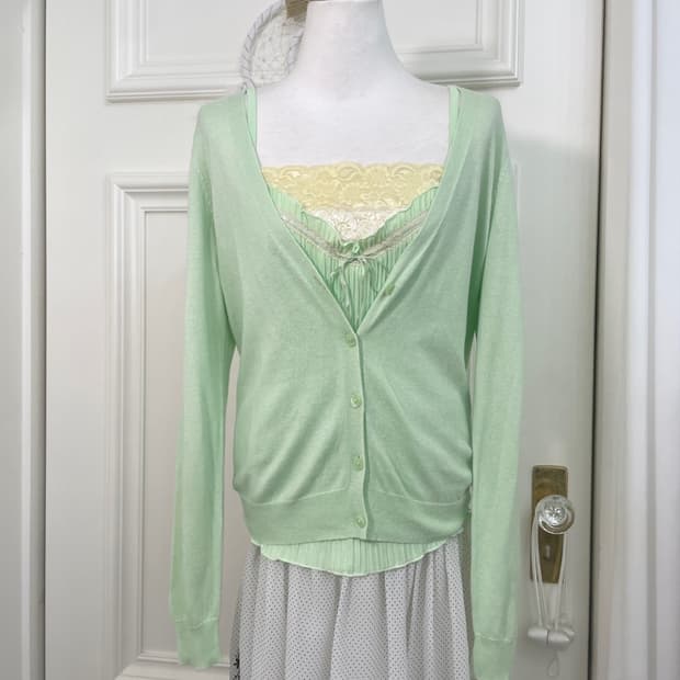 light green basic cardigan&lace bow poin