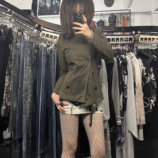 카키 카라 퍼 포인트 자켓