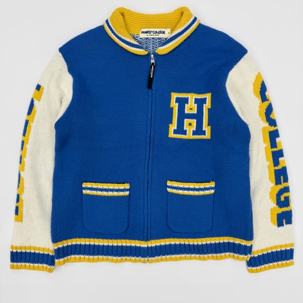 HONEST COLLEGE 니트 집업 바시티 자켓