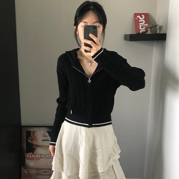 게스 케이블 블랙 니트 후드집업