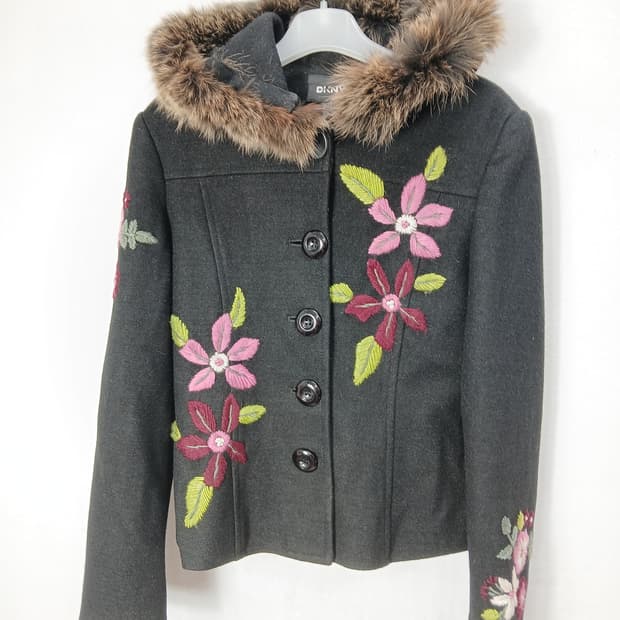 DKNY 빈티지 꽃 자수 후드 블랙자켓 85 XS