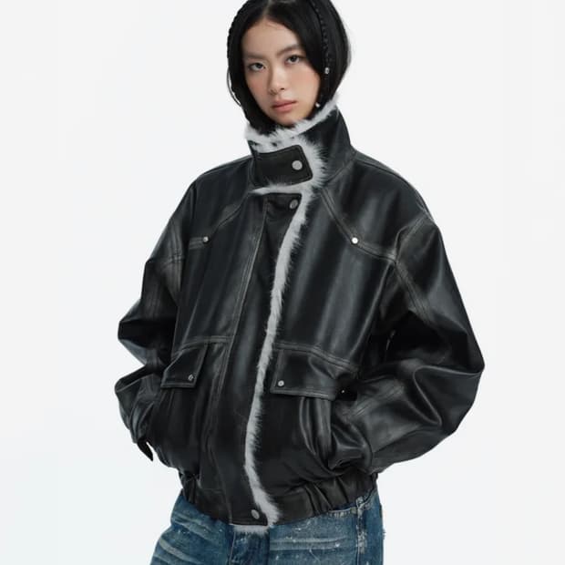 러프넥 워싱 레더 무스탕 자켓 그레이