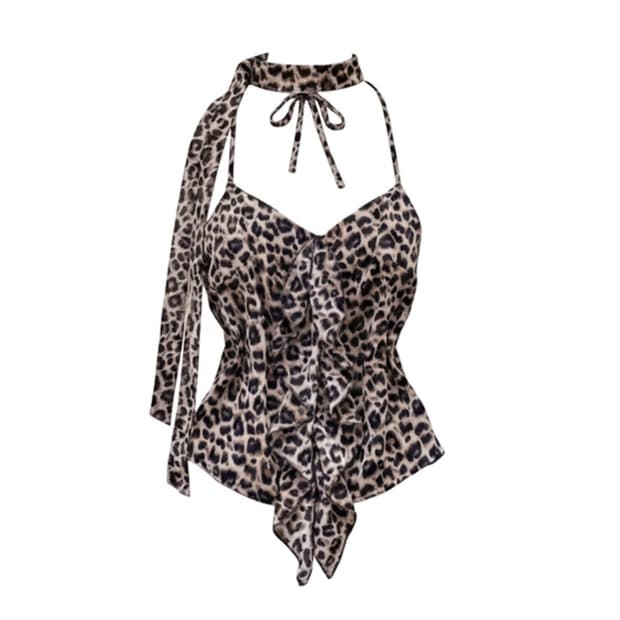 갸루 스타일 레오파드 스카프 프릴 탑 해