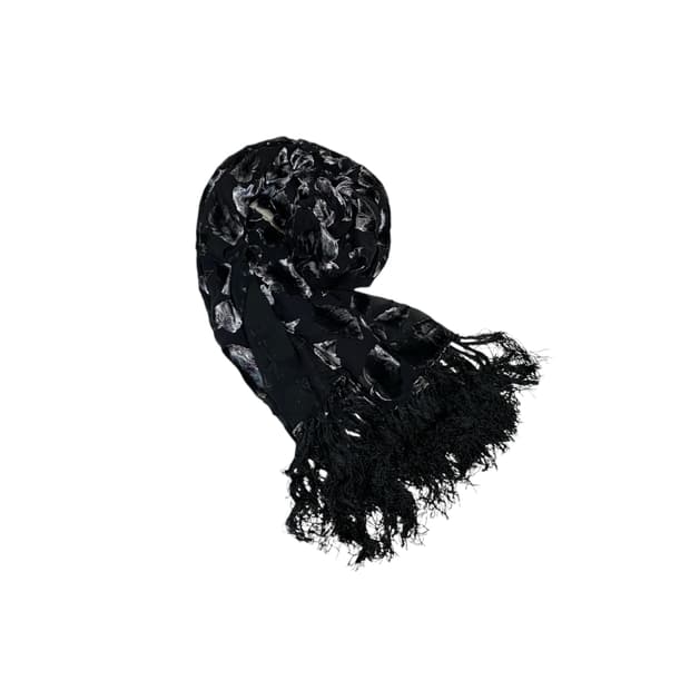 Velvet black leaf tassel scarf