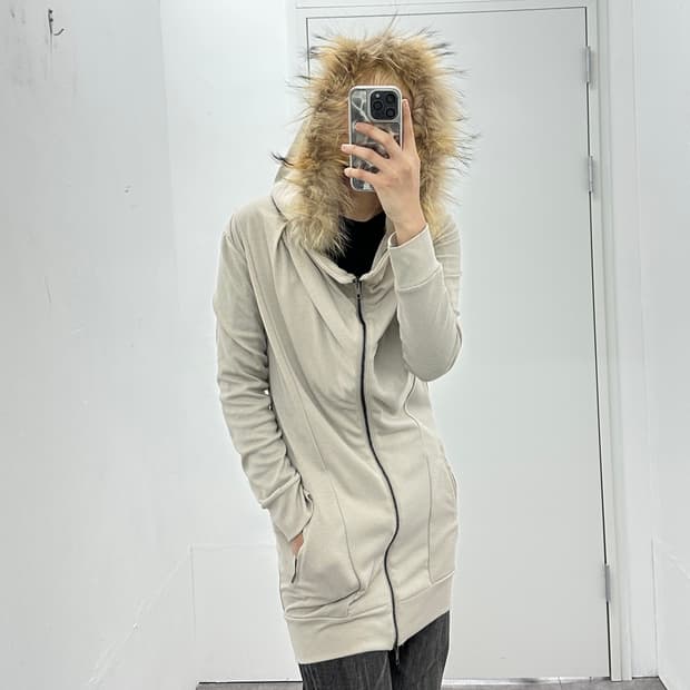 Asymmetric drape raccoon fur cardigan