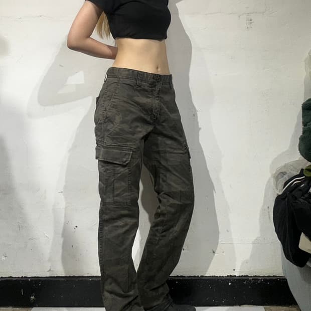 일본 빈티지 카키 카모 와이드 카고 팬츠 