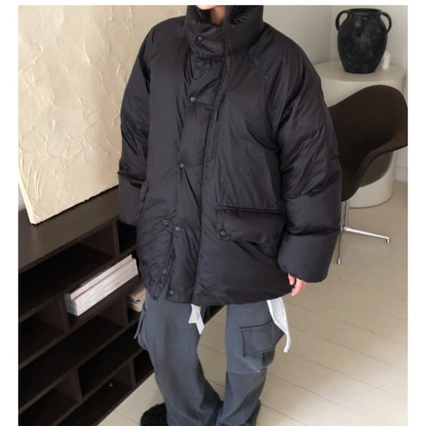 오버핏 오리털 스트링 덕다운 하프패딩