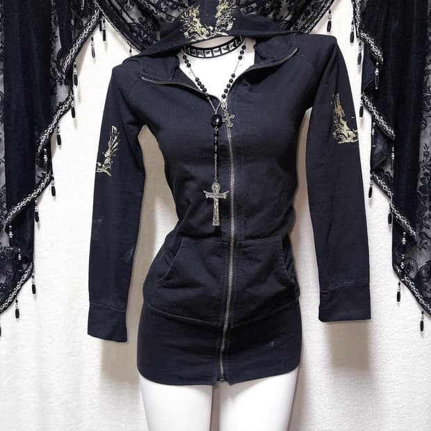 오네갸루 고스펑크 y2k 00 그런지 핀터 날개 윙 프린팅 후드집업원피스