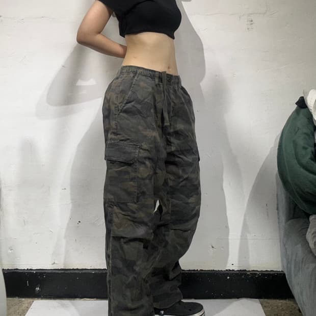 빈티지 밀리터리 카키 카모 와이드 카고 팬츠 L