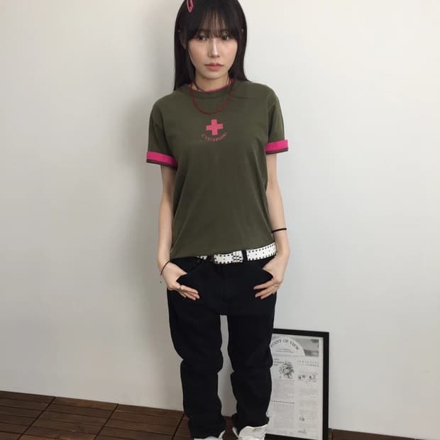 PEAK Y2K Ringer Tee Khaki Pink