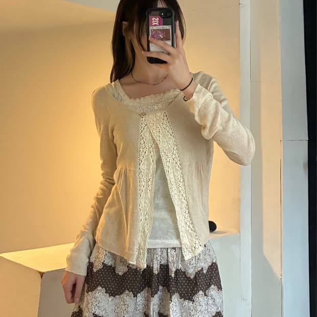 M)Northo 빈티지 여성 레이스 펀칭 디테일 베이지 가디건