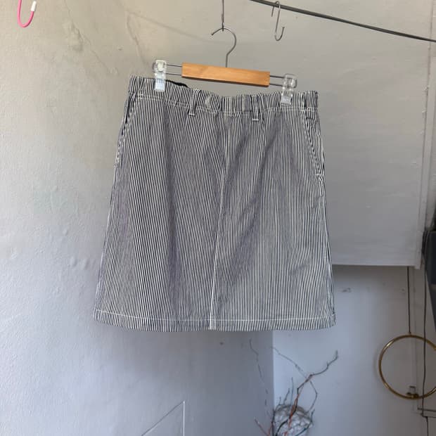 데님 스트라이프 미디 스커트