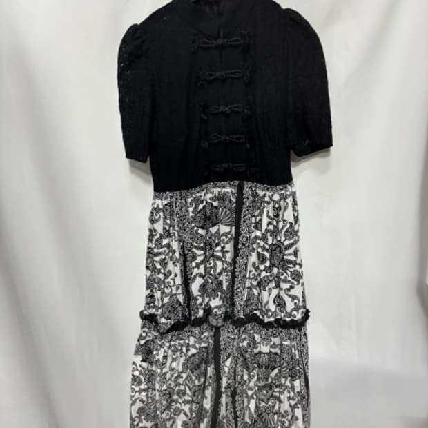 차이나 카라 에스닉 패턴 프릴 원피스