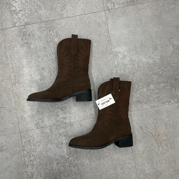 빈티지 스웨이드 브이컷 자수 미들 롱 웨스턴 부츠 H1691