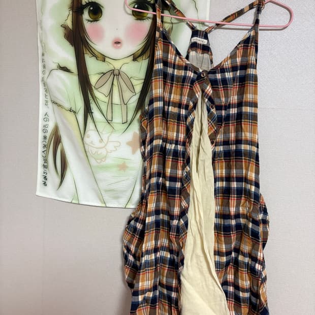 체크 바선생 모리 민소매 나시 원피스 오렌지 빈티지