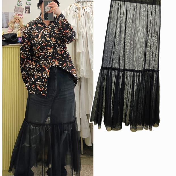 블랙 Tiered 시스루 튤 스커트