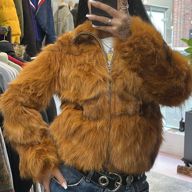 브라운/오렌지 컬러믹스 사가폭스 퍼자켓 집업M