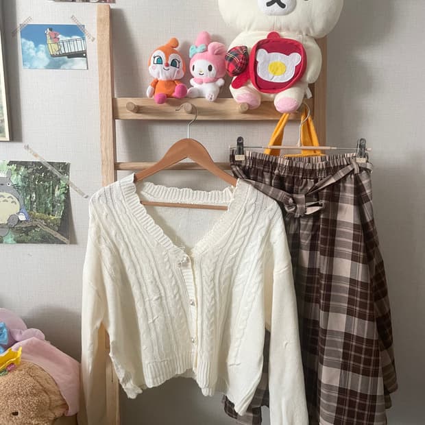 모리걸 빈티지 엑시즈팜 가디건 체크스커트 set🤍🤎