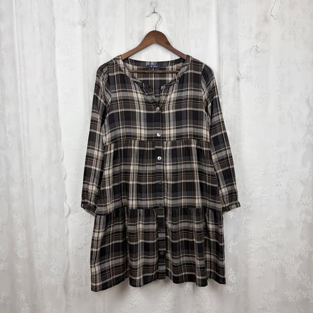 Brown Check Babydoll Mini Dress