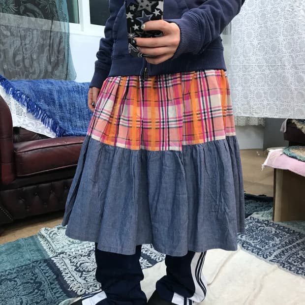 빈티지 여성 밴딩 체크 미디스커트 