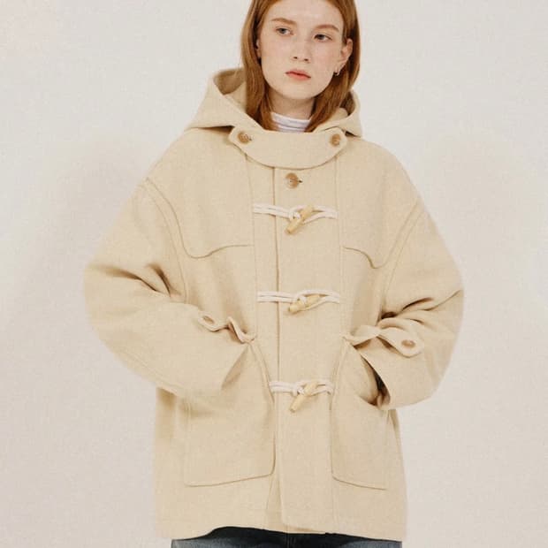 키뮤어 우먼 울 후드 더플 하프 코트 라이트 옐로