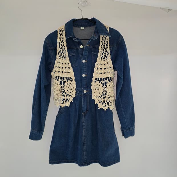 데님 원피스 + 뜨개 조끼 세트 S