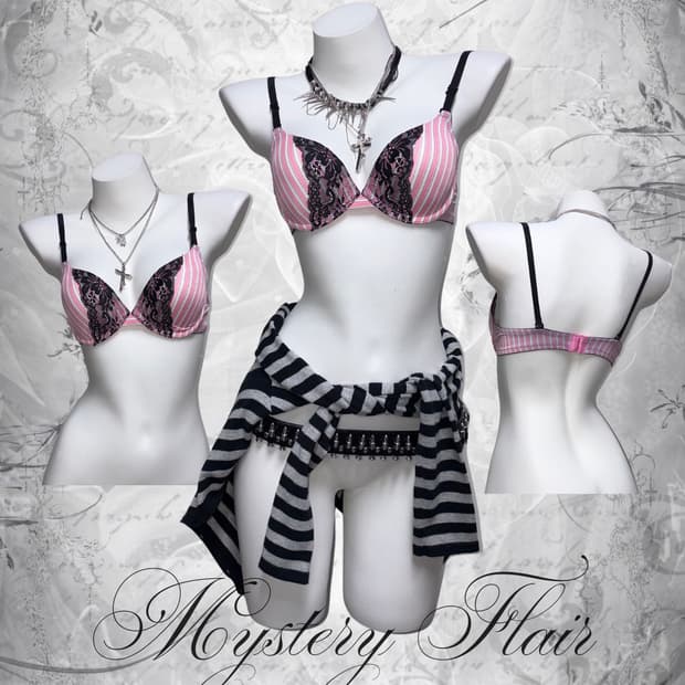 00s 핑크 스트라이프 나비 레이스 갸루 브라