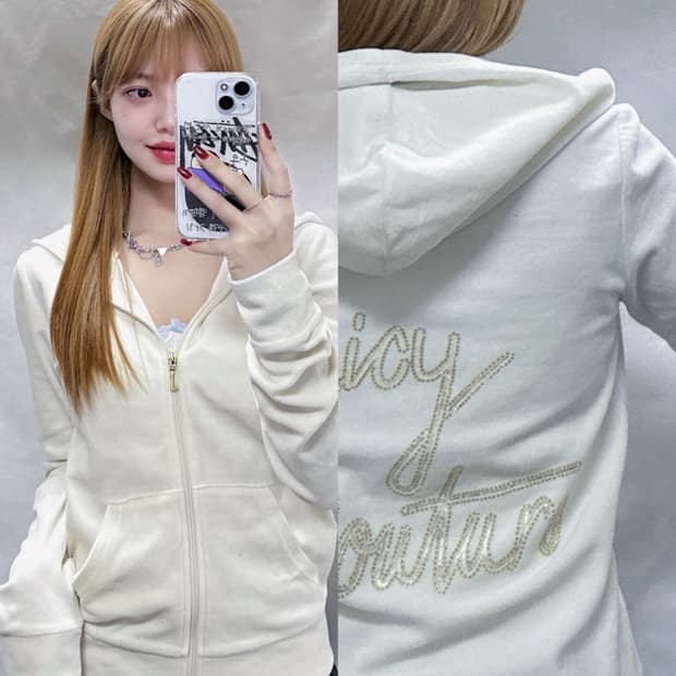 쥬시꾸띄르 빅로고 화이트 벨벳 후드집업 