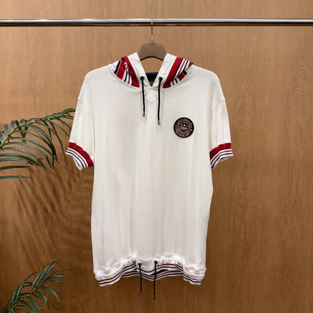 돌체앤가바나 후드 반팔 티셔츠 스트라이프 포인트 밑단 스트링 화이트