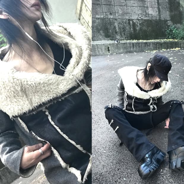 leather fur 2way jacket