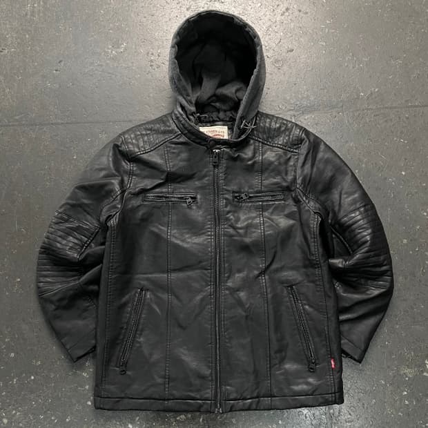 100 리바이스 유광 레더 후드 자켓 