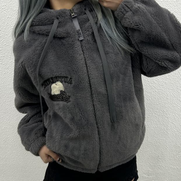 지프 곰돌이 패치로고 차콜 후리스 후드집업 S