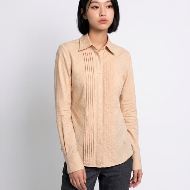 M 버버리 BURBERRY 핀턱 자카드 체크 셔츠 피치베이지