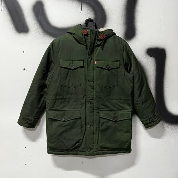 리바이스 리프 패턴 플리스 후드 파카 카키