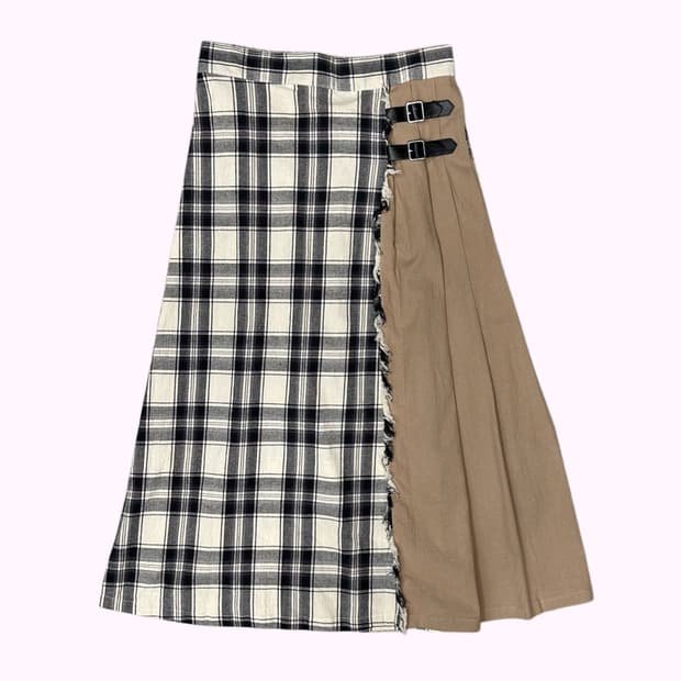 check wrap pleats strap skirt
