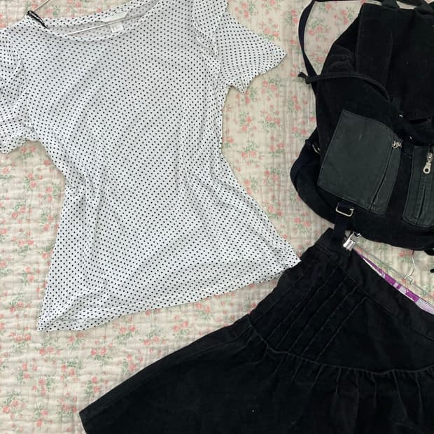 빈티지 화이트 도트 숄더 셔링 반팔 1034 y2k 스트릿 갸루 펑키 일