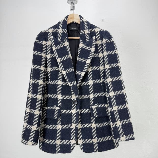 이자벨마랑 네이비 글렌 체크 트위드 라펠 자켓