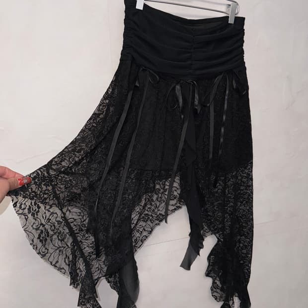 Black floral lace shirring ribbon skirt