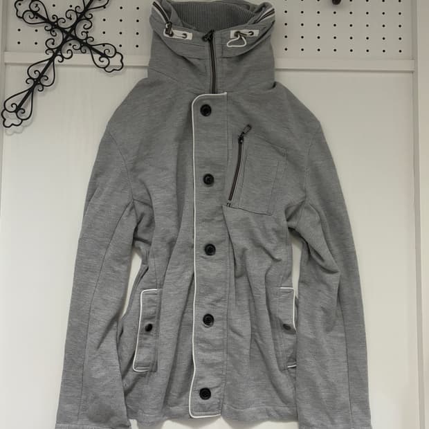 • Gray high neck loose fit zip-up