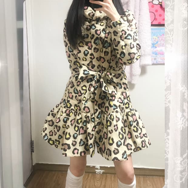 빈티지 원숭이 호피 리본 갸루 코트 패딩 히메갸루 로걀 라떼 오네갸루