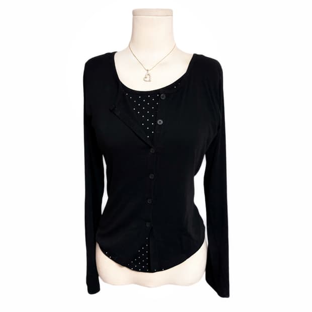 일본빈티지 히메갸루 블랙 도트 패턴 포인트 가디건 레이어드 긴팔 티