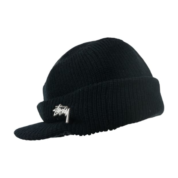 스투시 00s 빈티지 로고 핀 버튼 블랙 니트 챙 비니