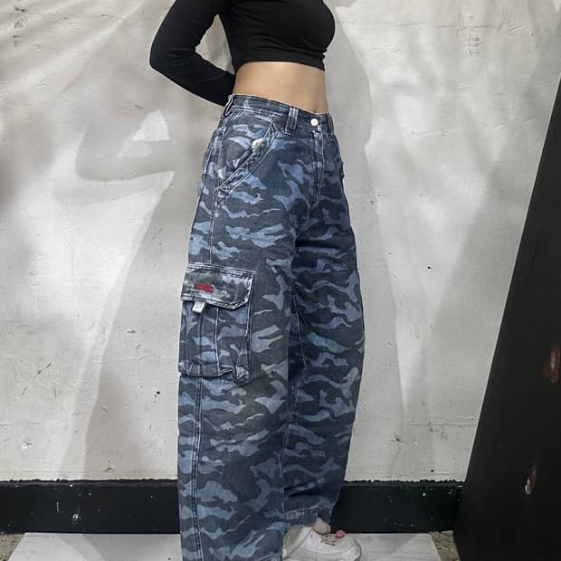일본 빈티지 블루 와이드 더블니 밀리터리 카모 카고 팬츠 