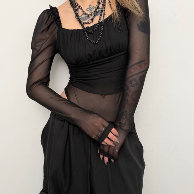 블랙 메쉬 바디수트 