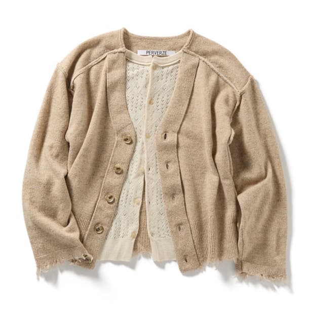 퍼버즈 램스울 레이어드 니트 가디건 베이지