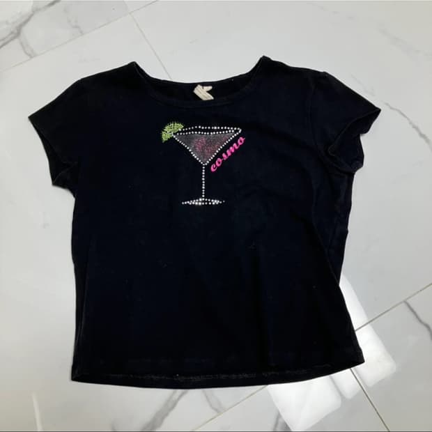 디아망떼 코스모 칵테일 Y2K 반팔 크롭 베이비 티 큐빅 라인스톤 빈티지