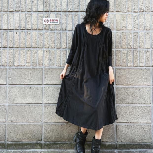 캐피탈 올 블랙 코튼 롱 원피스