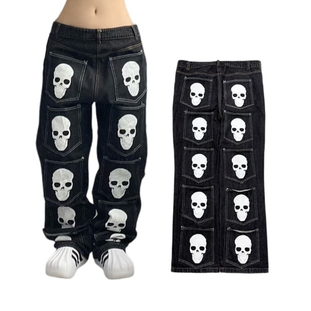 JPN 제팬 스컬 해골 멀티포켓 펑크 블랙 데님팬츠