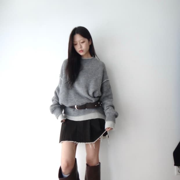 Heavy wool layered trimming knit / grey 