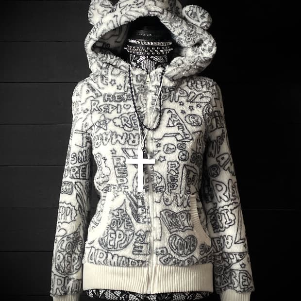JPN 펑크 레터 퍼 아이보리 쿠마 곰 후드집업